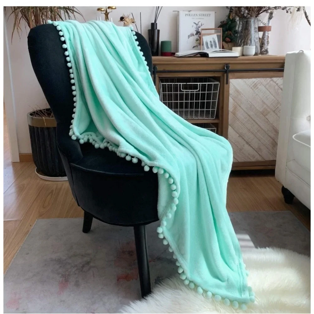 Light Cream Neutral Trendy Cute Pompom Fringe Chic Cozy Soft Throw Blanket